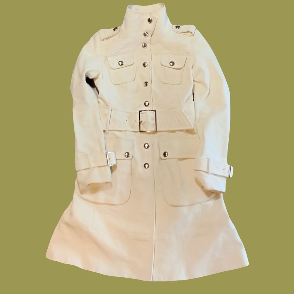 Retro Mod Cream White Midi Length Belted Coat with Silver Metal Accents